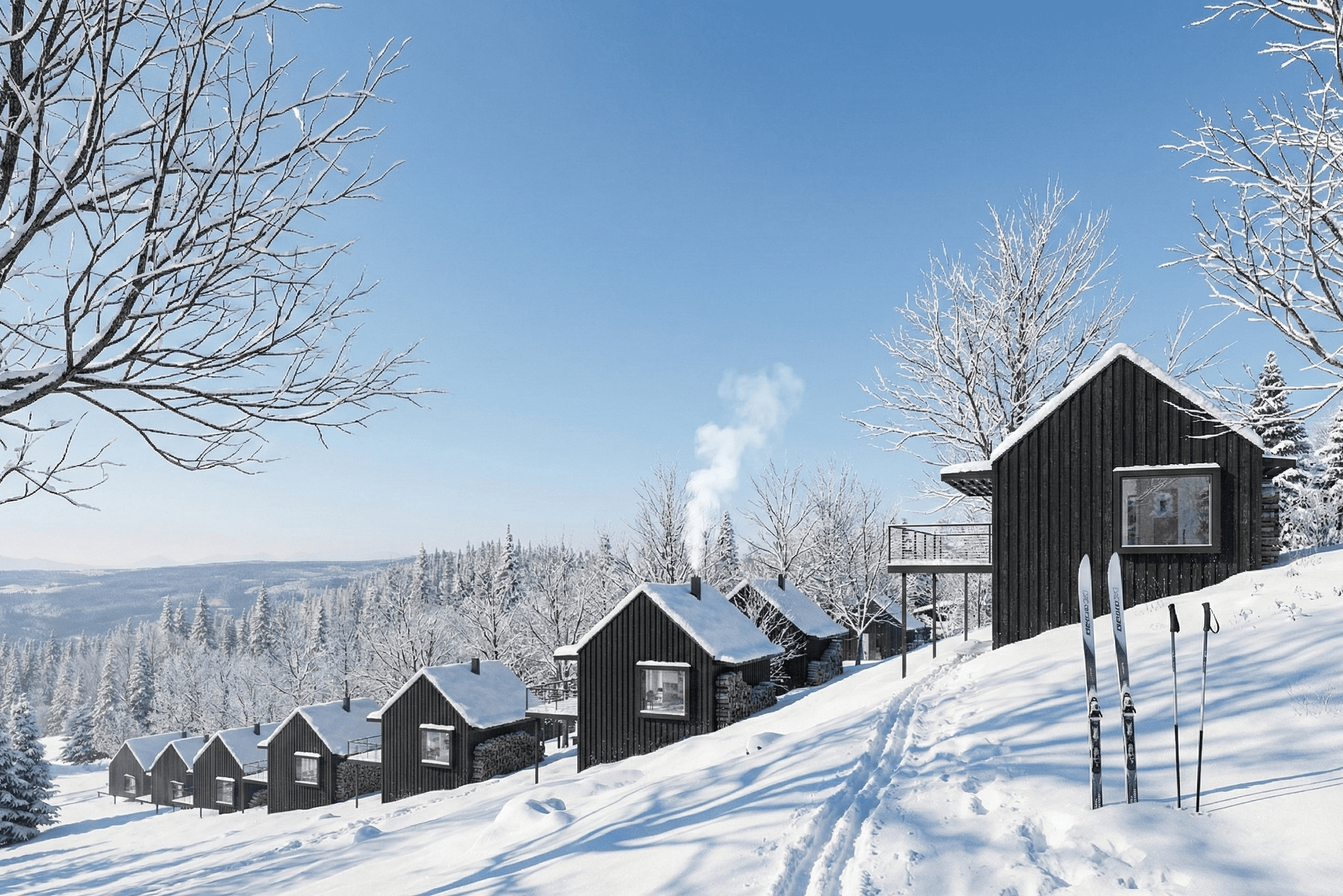 Řada moderních chat na svahu s výhledem na Javorníky a Vsetínské vrchy, obklopená lesní krajinou.