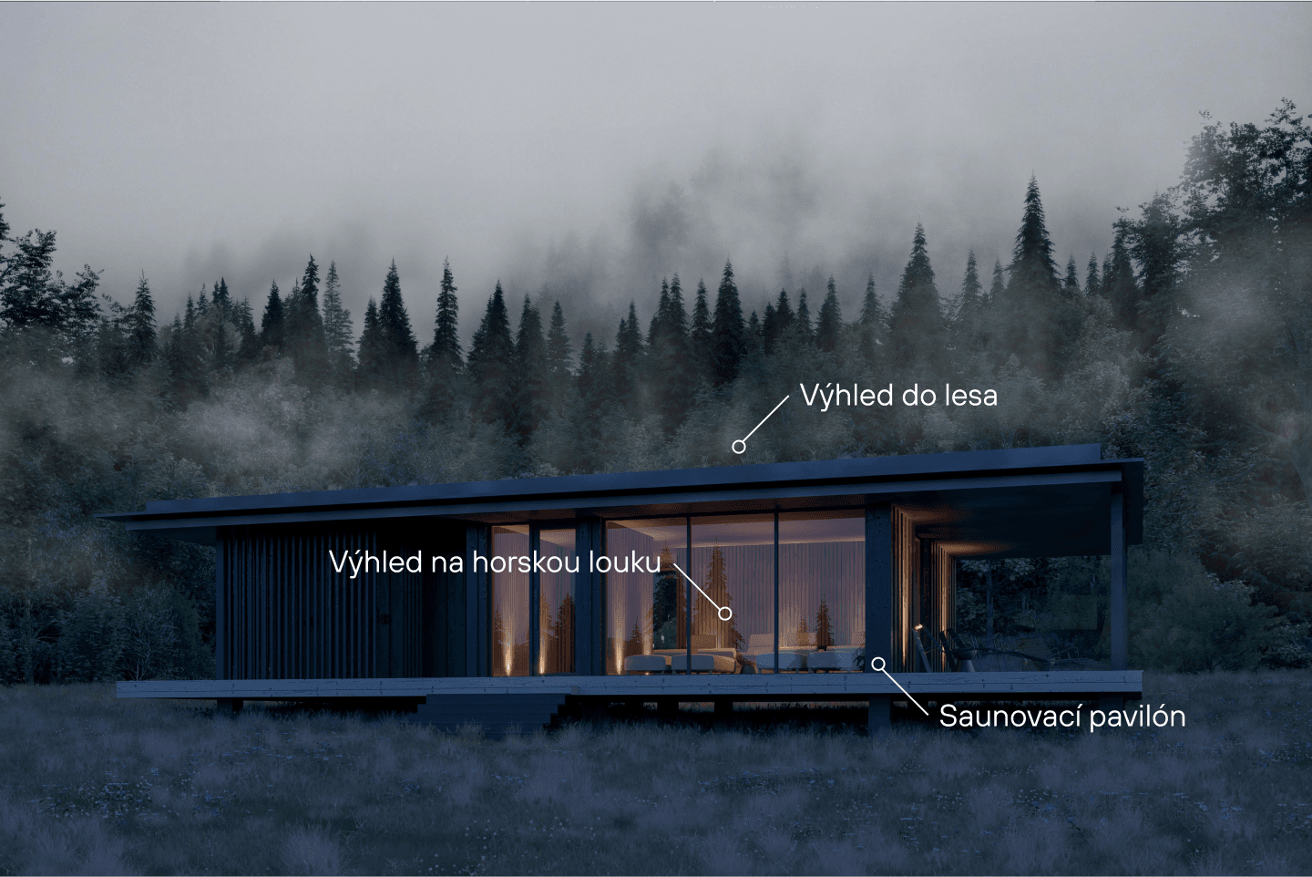 Moderní saunový pavilon s prosklenými stěnami uprostřed mlžného lesa, obklopený přírodou a lesní krajinou.