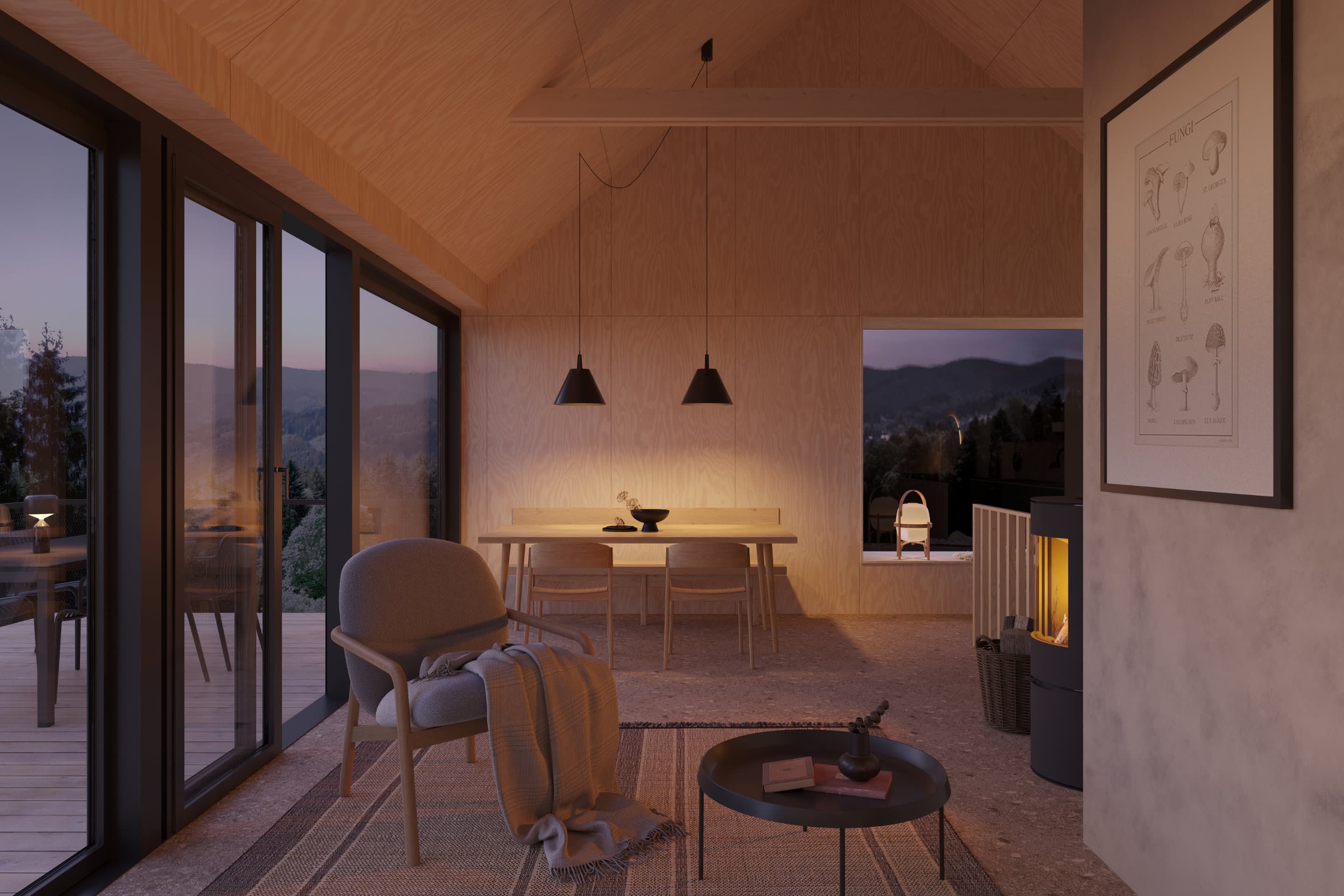 Světlý obývací prostor s prosklenými stěnami a výhledem na hory, vybavený pohodlným lehátkem, jídelním koutem a krbovými kamny