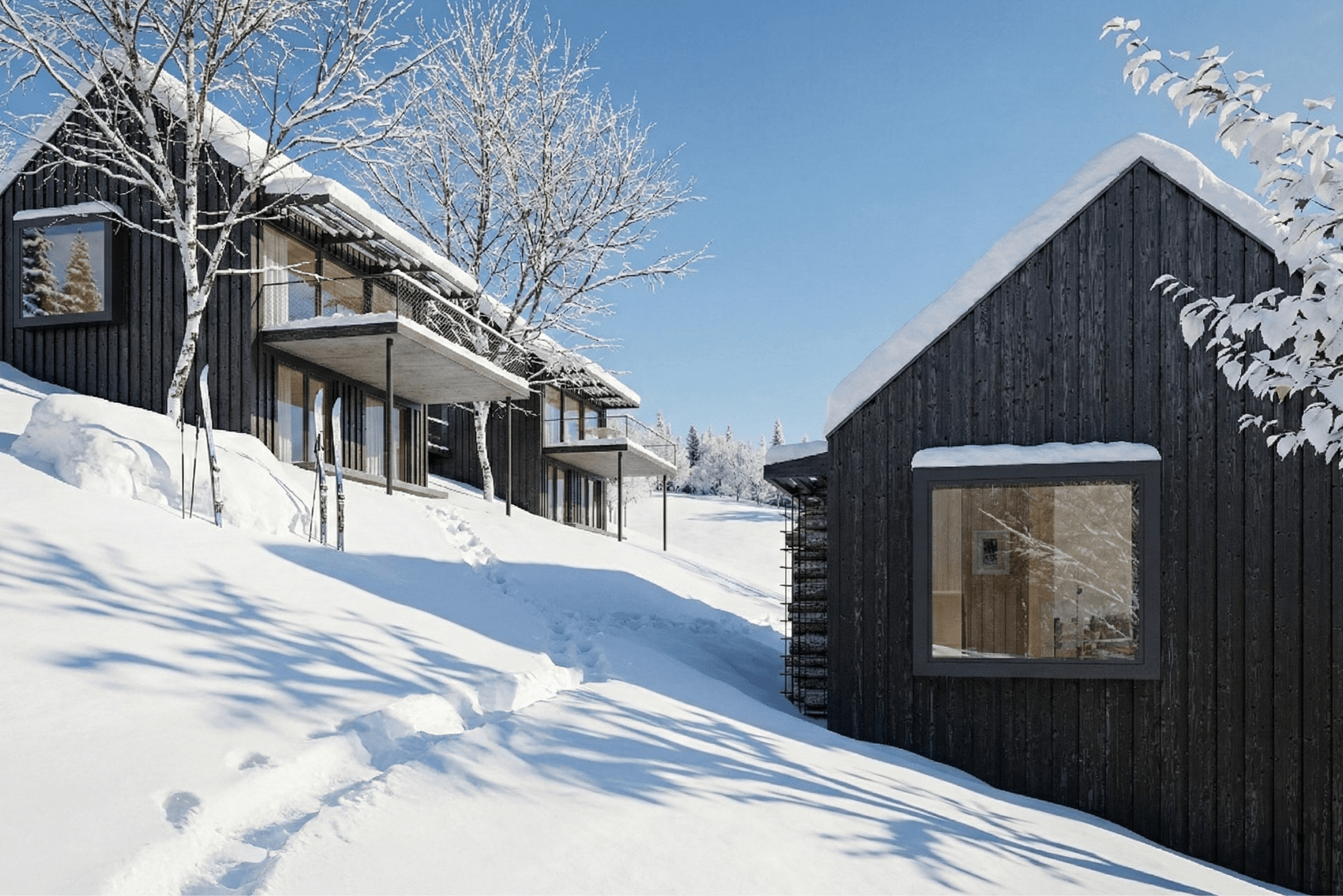 Chata s lavicí u okna s výhledem a skladem palivového dřeva, umístěná na svahu v přírodním prostředí.