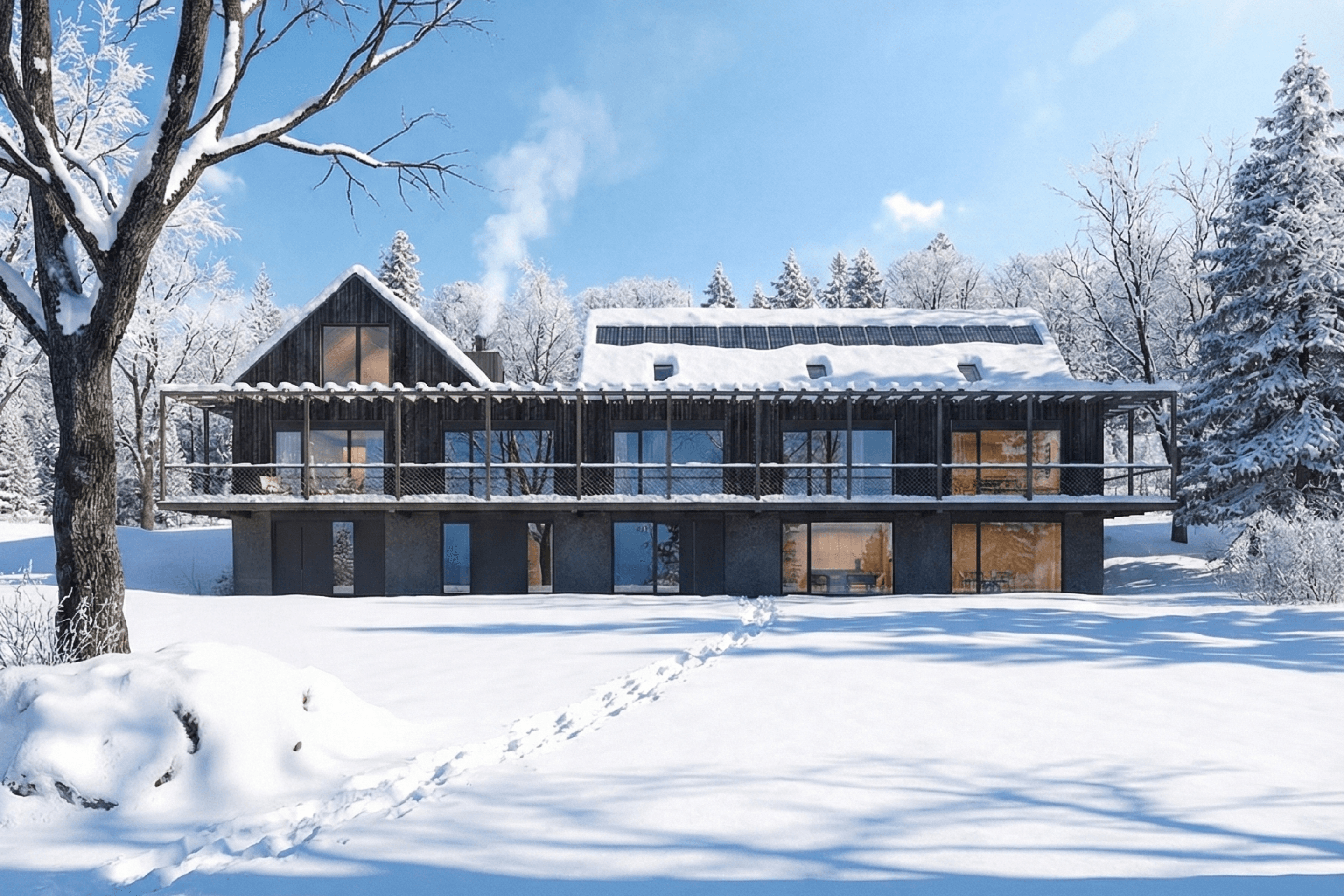 Apartmánový dům s fotovoltaickými panely na střeše, zasazený v přírodní krajině obklopené lesy.