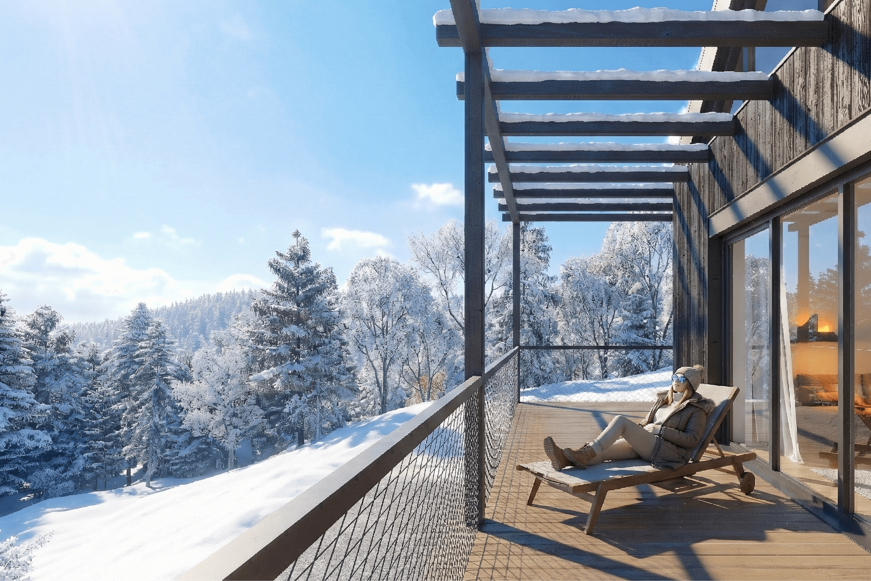 Prostorná terasa s posezením, výhledem na les a dřevěnou pergolou nad hlavou.