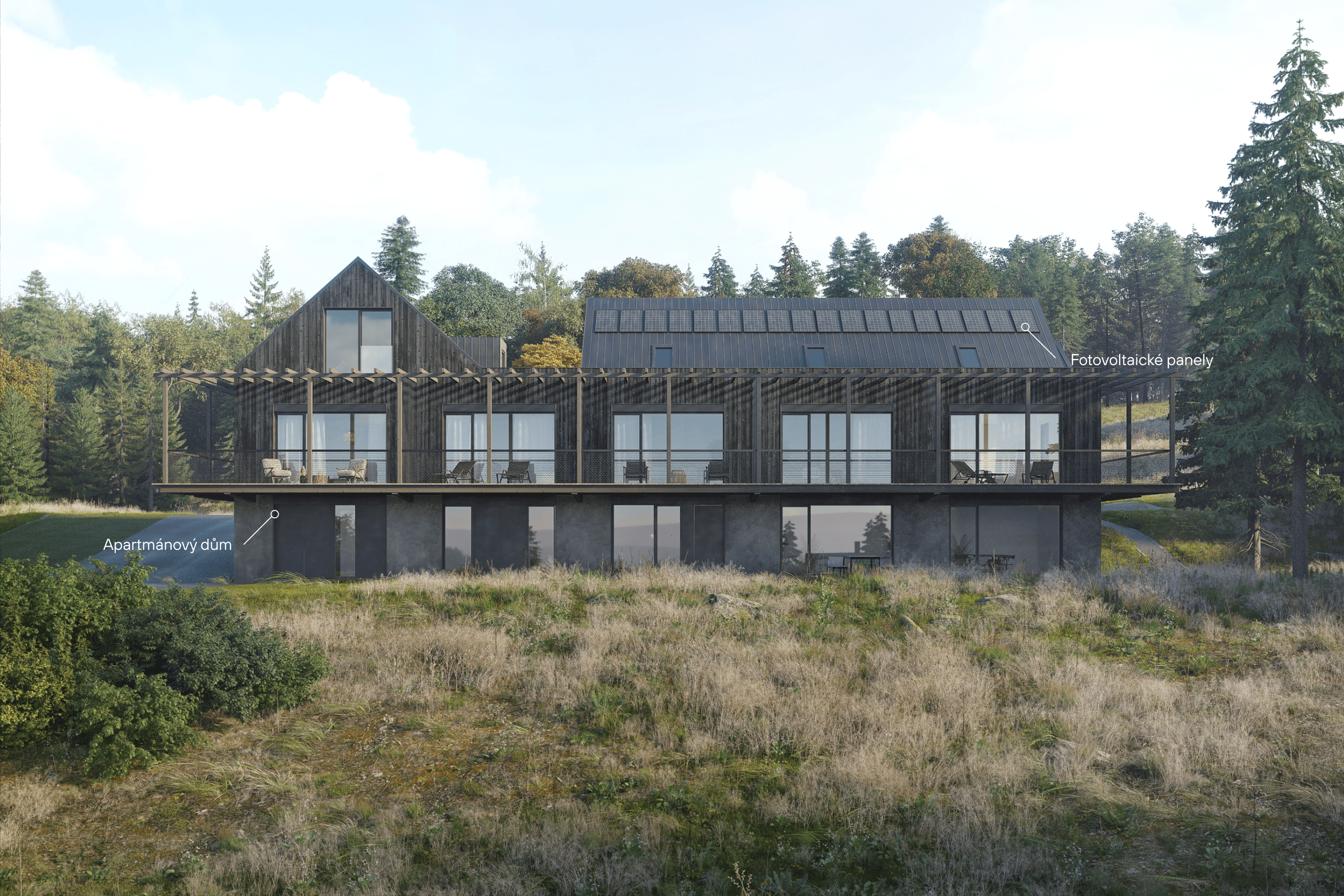Apartmánový dům s fotovoltaickými panely na střeše, zasazený v přírodní krajině obklopené lesy.