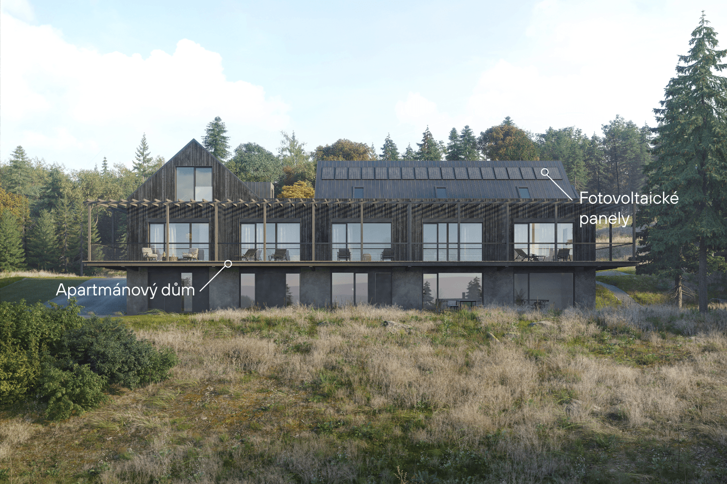 Apartmánový dům s fotovoltaickými panely na střeše, zasazený v přírodní krajině obklopené lesy.
