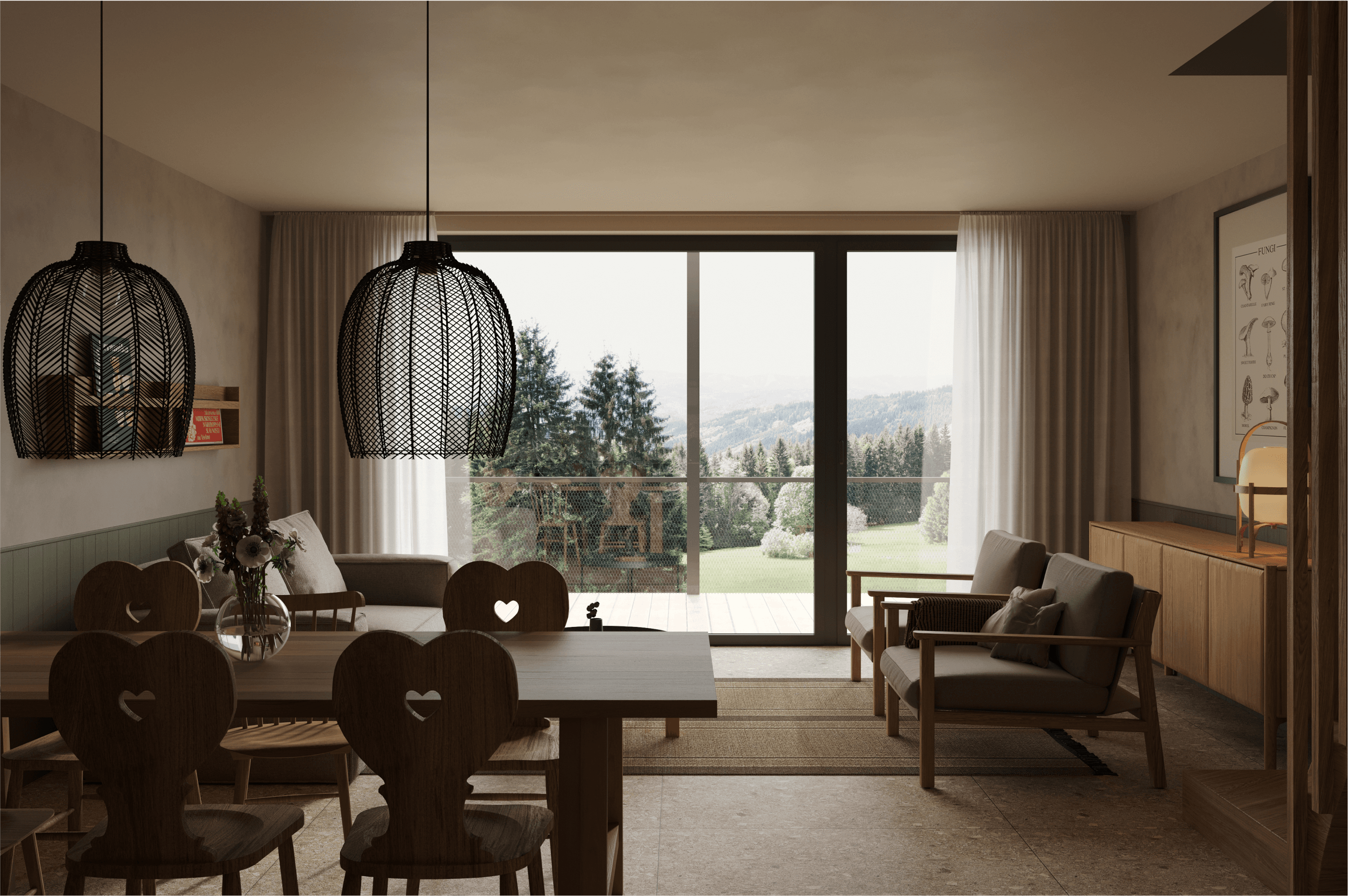 Stylový obývací a jídelní prostor apartmánu se židlemi ve tvaru srdce a výhledem na venkovní prostředí.