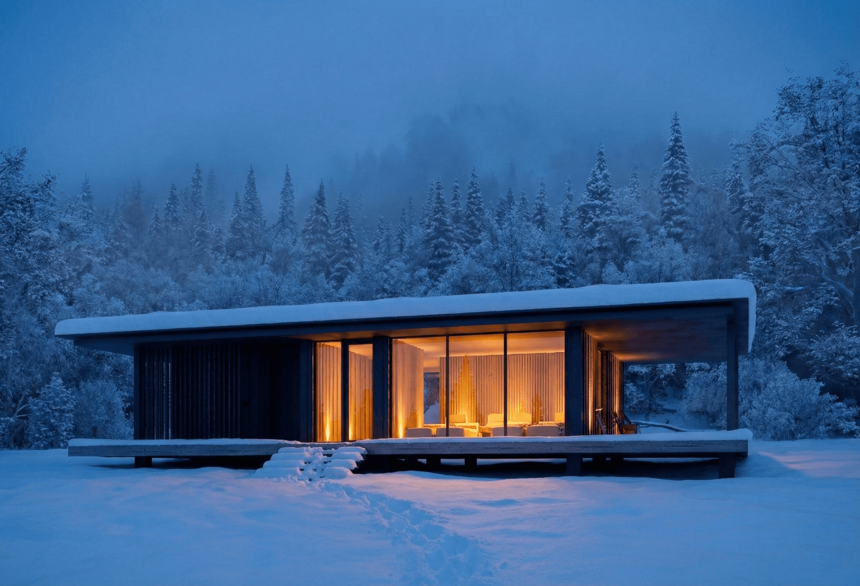 Sauna, zasazená na rozhraní lesa a louky