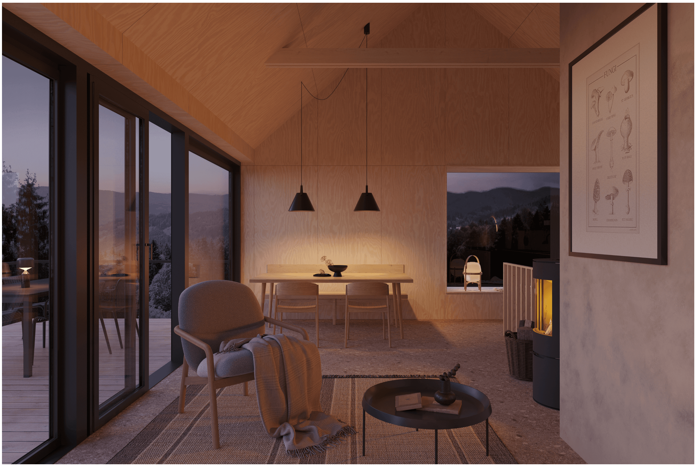 Detail posezení v chatě s pohodlným křeslem a výhledem na les.