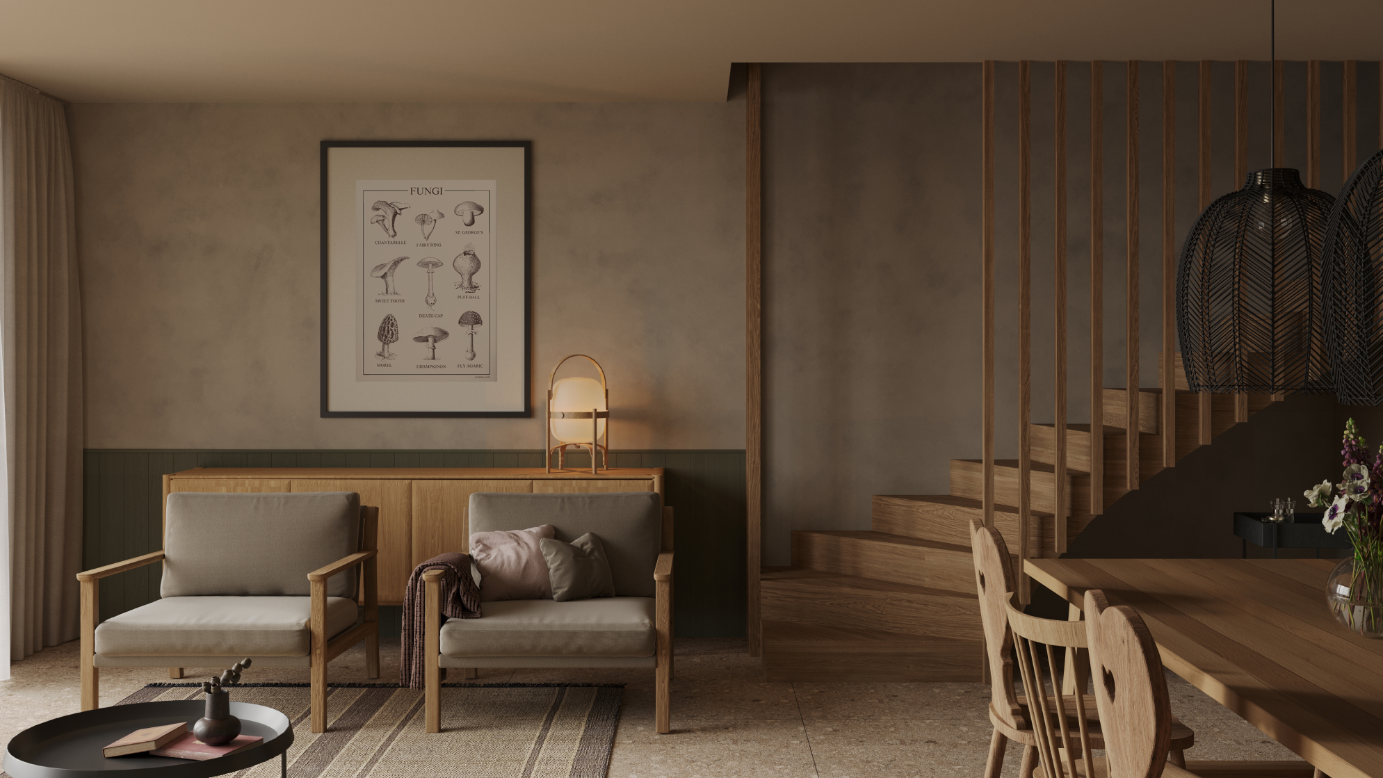 Schodišťový prostor apartmánu s dřevěným nábytkem a teplou, rustikální atmosférou.